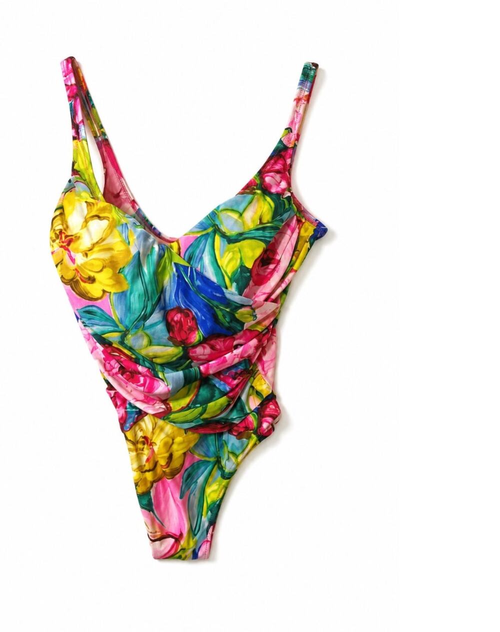 Vintage Gottex Floral Ruched One Piece Swimsuit Tropical Watercolor Maillot M